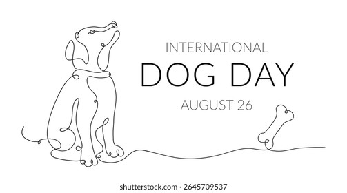 Conceptual banner for celebrating International Dog Day. Horizontal vector background with a sitting dog in a line art style. Ready-made design for a web banner, invitation, or flyer with text space.