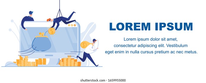 Conceptual Banner with Copy Space for Extra Text, Depicting Stealing Money from Credit Card. Group Three Cybercriminals, Making Unauthorized Charges from Clients Account. Fraud and ID Theft.