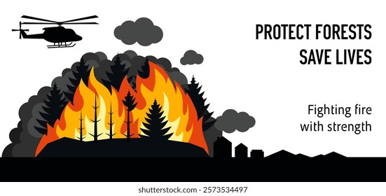 Conceptual Banner Design of a Burning Forest with Firefighting Helicopters. Silhouette Forest