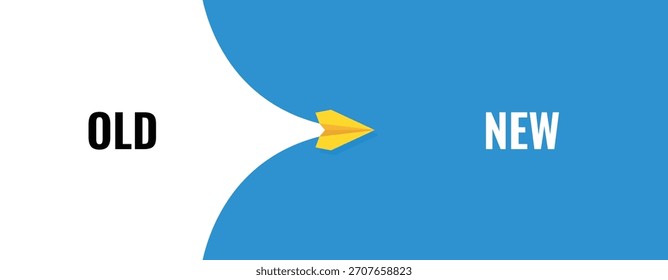 Diseño conceptual del Anuncio que representa la transición de lo viejo a lo nuevo con el plano de papel como flecha, que simboliza el cambio, el progreso y la adopción de nuevas ideas
