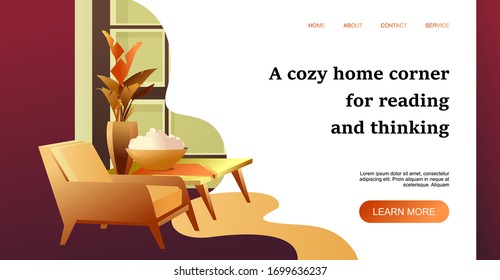 Conceptual banner design template for home landing page intern, interior of a small cozy corner of the apartment for reading and thinking on a white background vector illustration