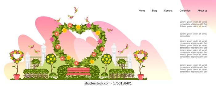 conceptual banner of a festive wedding ceremony or wedding, a wedding arch decorated with flowers and plants, an invitation or landing page template for the Internet