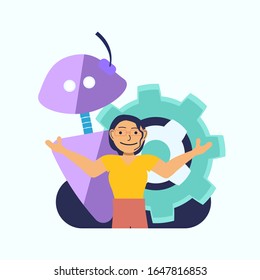Conceptual banner with a girl and a chat bot on a white background in flat style for mobile applications, sites, vector illustration