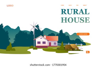 Conceptual banner for home internet old country rural landscape on a white background