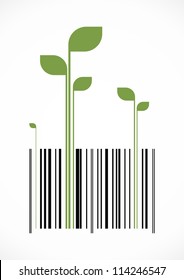 Conceptual bar code with green sprouts growing out of it. Vector image.