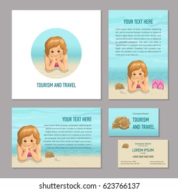 Conceptual beach design, set of corporate style elements for travel company. Smiling girl with slates and seashells against the sky and sea. Brochure, booklet and business card, vector illustration