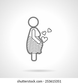 Conceptual black flat line icon for symbol of pregnant woman which loves her child on white background.