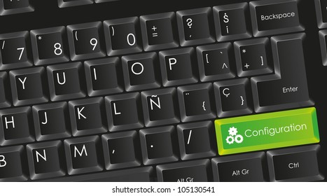 conceptual black keyboard with letters in white with green configuration button, vector illustration