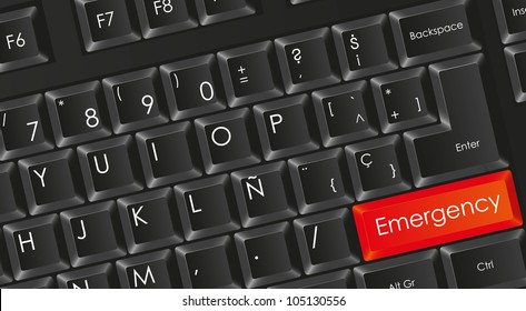 conceptual black keyboard with letters in white with red emergency button, vector illustration