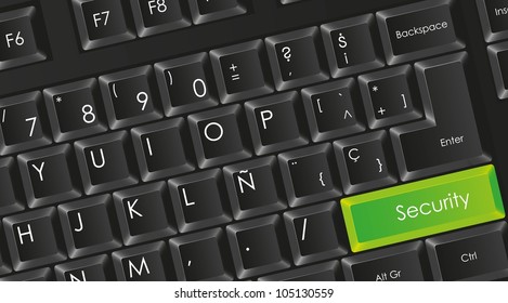 conceptual black keyboard with letters in white with green security button, vector illustration
