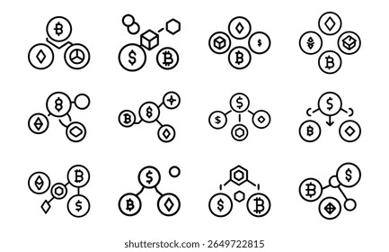 Ilustrações conceituais de arte de linha preta de símbolos criptomoeda e integração de moeda em redes.