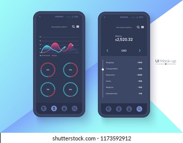 Conceptual black mobile phone mock-up for app interface presentation. User interface design concept. Smartphone screen on colorful abstract background. Vector eps 10.