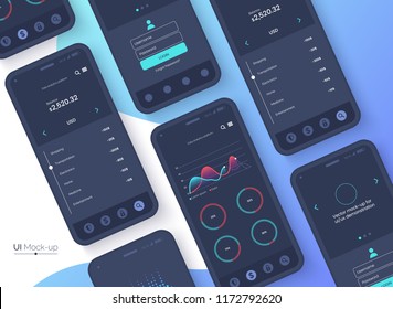 Conceptual black mobile phones for user interface, user experience presentation. Smartphone mock-up on blue gradient background. Mobile app design concept. Vector eps 10.