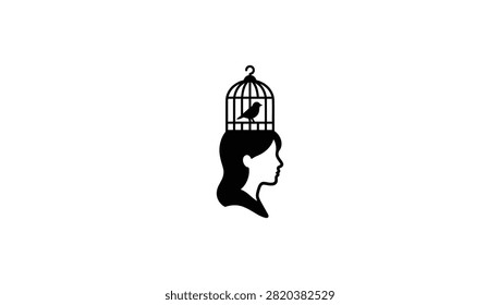 A conceptual black and white graphic illustration featuring a woman head silhouette with a birdcage containing a bird on top representing mental freedom or anxiety