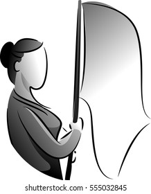 Conceptual Black and White Illustration Featuring a Stateless Woman Holding a Flag