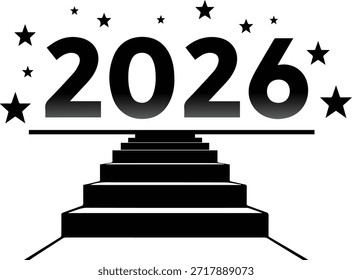Imagen conceptual en blanco y negro de una escalera que asciende al año 2026. Simbolizando un Nuevo año exitoso, objetivos de negocio, progreso y motivación.
