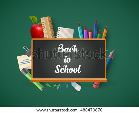 Conceptual blackboard chalk lettering with education icons vector illustration. Back to school infographics concept. Pencils, ruler, notebook apple and pen objects.