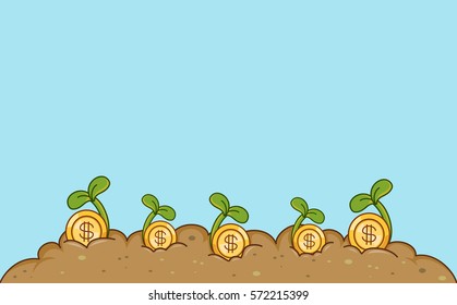 Conceptual Border Illustration Featuring Gold Coins Sprouting Out of the Earth