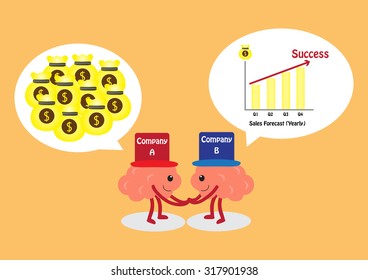 conceptual brain cartoon character vector illustration image showing two brains from two companies collaborating and expect to get more money and forecasting sales growth