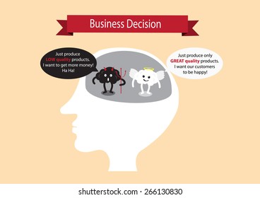 conceptual brain cartoon characters vector illustration inside head showing angel and devil discussing