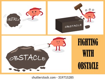 conceptual brain cartoon characters vector illustration image showing how brains action and emotion faces when fighting with obstacles (conceptual image about person never give up and fight to win)