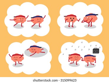 conceptual brain couples cartoon character vector illustration image showing many actions and emotion faces