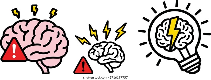 Conceptual brain icons set representing brain activity, warning, idea, and mental processes. Represents intelligence and understanding