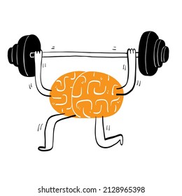 Conceptual The Brain Lifting A Barbell For Exercise, Hand Drawing Vector Illustration Line Art.