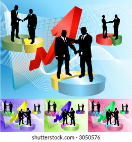 Conceptual business background, people shaking hands on pie charts in front of soaring profits, main image on separate layers for easy editing. Also includes several different color versions