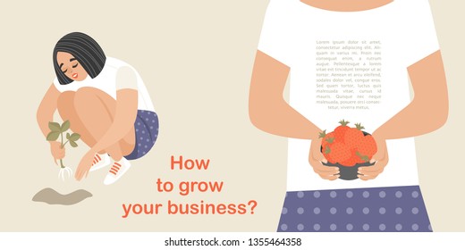 Conceptual business educational illustration with a cute girl planting strawberries and getting a rich harvest. Cartoon character