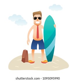 Conceptual business flat banner man on beach isolated.