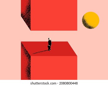 Konzeptuelle Business-Illustration von Risikozonen-Metapher mit Business-Man-Silhouette stehen wie zwischen einem Felsen und einem harten Ort. Minimalistische Vektorgrafik