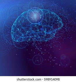 conceptual business illustration with scatter array of tiny glowing particles forming human brain, artificial intelligence idea