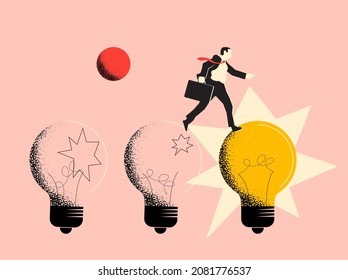 Conceptual business metaphor illustration of the business ideas research with businessman jumping on bulb lamps. Vector illustration