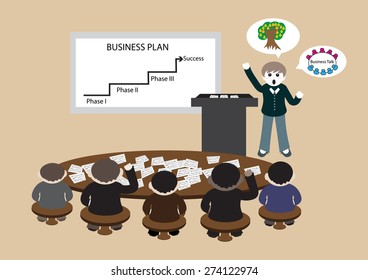 conceptual business people meeting presentation cartoon character vector illustration image showing about planing strategy with team