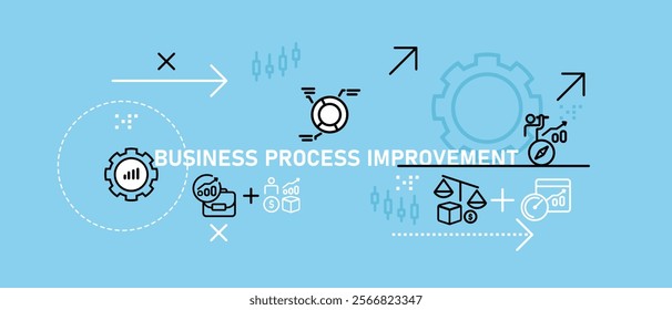 Conceptual business process improvement design featuring data analysis workflow planning strategy skill development finance job management employee performance optimization represented through icons