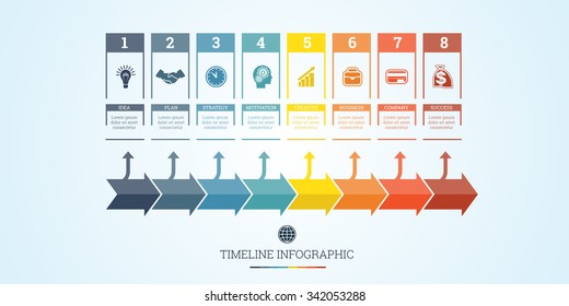 Conceptual Business Timeline Infographic, Vector design template for eight positions can be used for workflow, banner, diagram, web design,  area chart