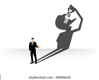 conceptual of businessman casting a shadow shaped like devil that eating dollar, businessman shadow shaped concept design