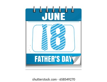 Conceptual calendar for Fathers Day 2017. Holiday date in calendar. 18 June. Vector illustration isolated on white background
