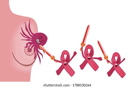 conceptual cartoon breast cancer fight, prevention campaign symbol like soldiers, flat design vector illustration, isolated on white background