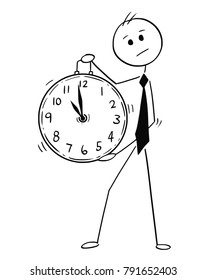 Conceptual Cartoon of Businessman Holding Large Clock