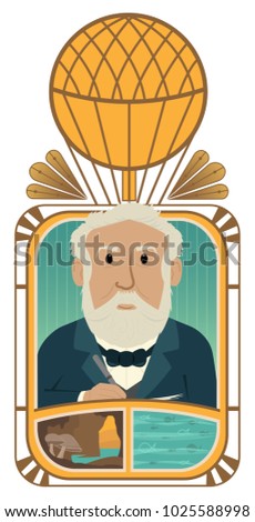 Conceptual cartoon Illustration of Jules Verne depicting his stories. Eps10