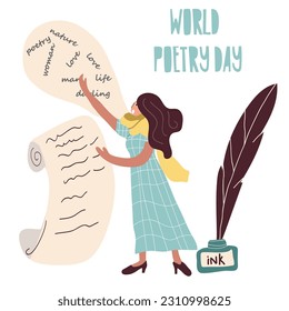 Conceptual cartoon vector illustration with character woman, man for Poetry Day, March 21, World Writers Day, March 3 with a typewriter.