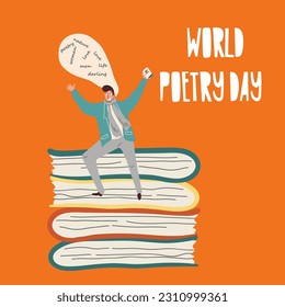 Conceptual cartoon vector illustration with character woman, man for Poetry Day, March 21, World Writers Day, March 3 with a typewriter.