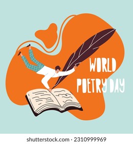 Conceptual cartoon vector illustration with character woman, man for Poetry Day, March 21, World Writers Day, March 3 with a typewriter.