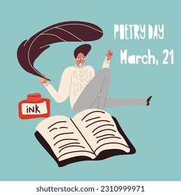 Conceptual cartoon vector illustration with character woman, man for Poetry Day, March 21, World Writers Day, March 3 with a typewriter.