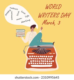 Conceptual cartoon vector illustration for Poetry Day, March 21, World Writers Day, March 3 with a typewriter.