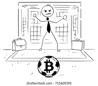 Conceptual cartoon vector illustration of stick man businessman as football soccer goal keeper goalie ready to catch the ball with bitcoin sign.