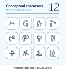 Conceptual characters line icon set. Digger, old man with cane, artist. People concept. Can be used for topics like age, occupation, job