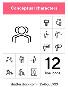 Conceptual characters line icon set. Digger, old man with cane, artist. People concept. Can be used for topics like age, occupation, job